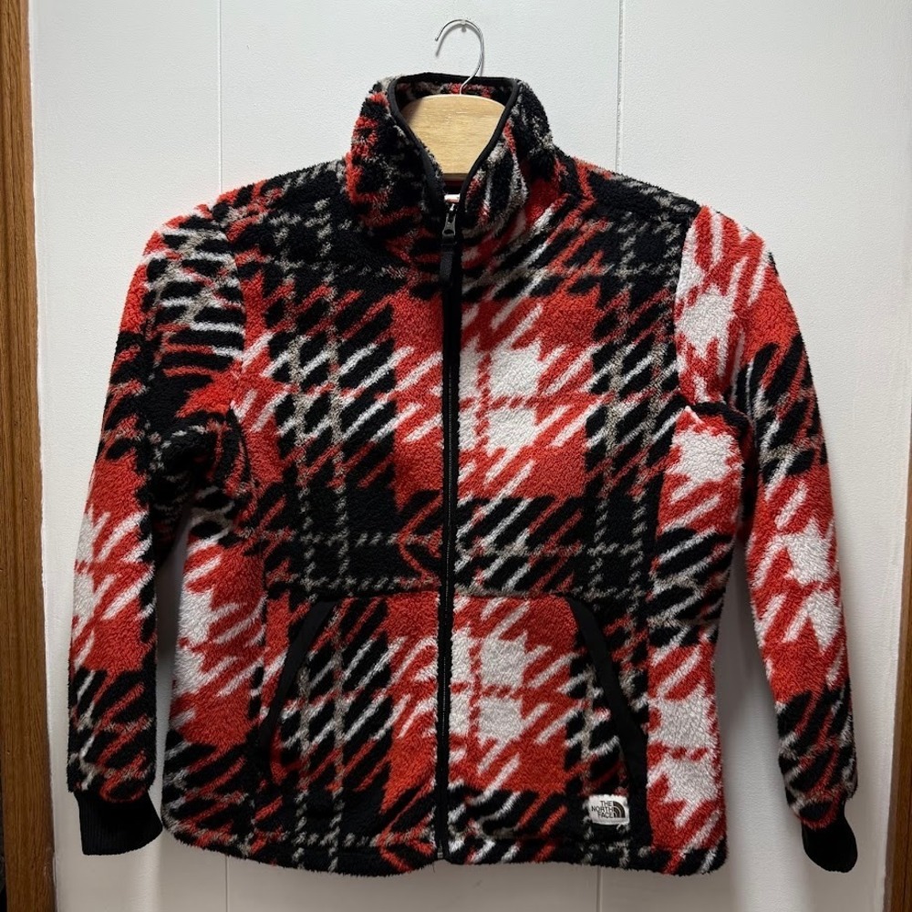 The North Face Womens XL Sherpa Fleece Jacket Red Black Plaid Houndstooth Zip